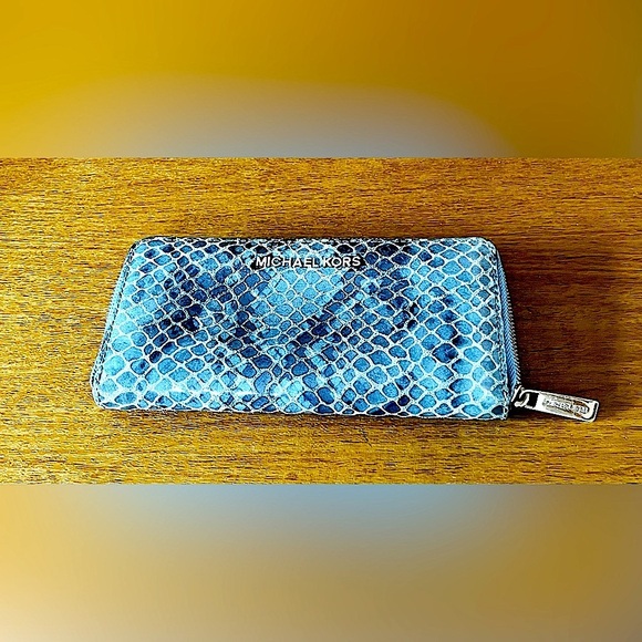Michael Kors Handbags - MICHAEL KORS Bedford Continental Python Snake Embossed Leather Wallet- Blue